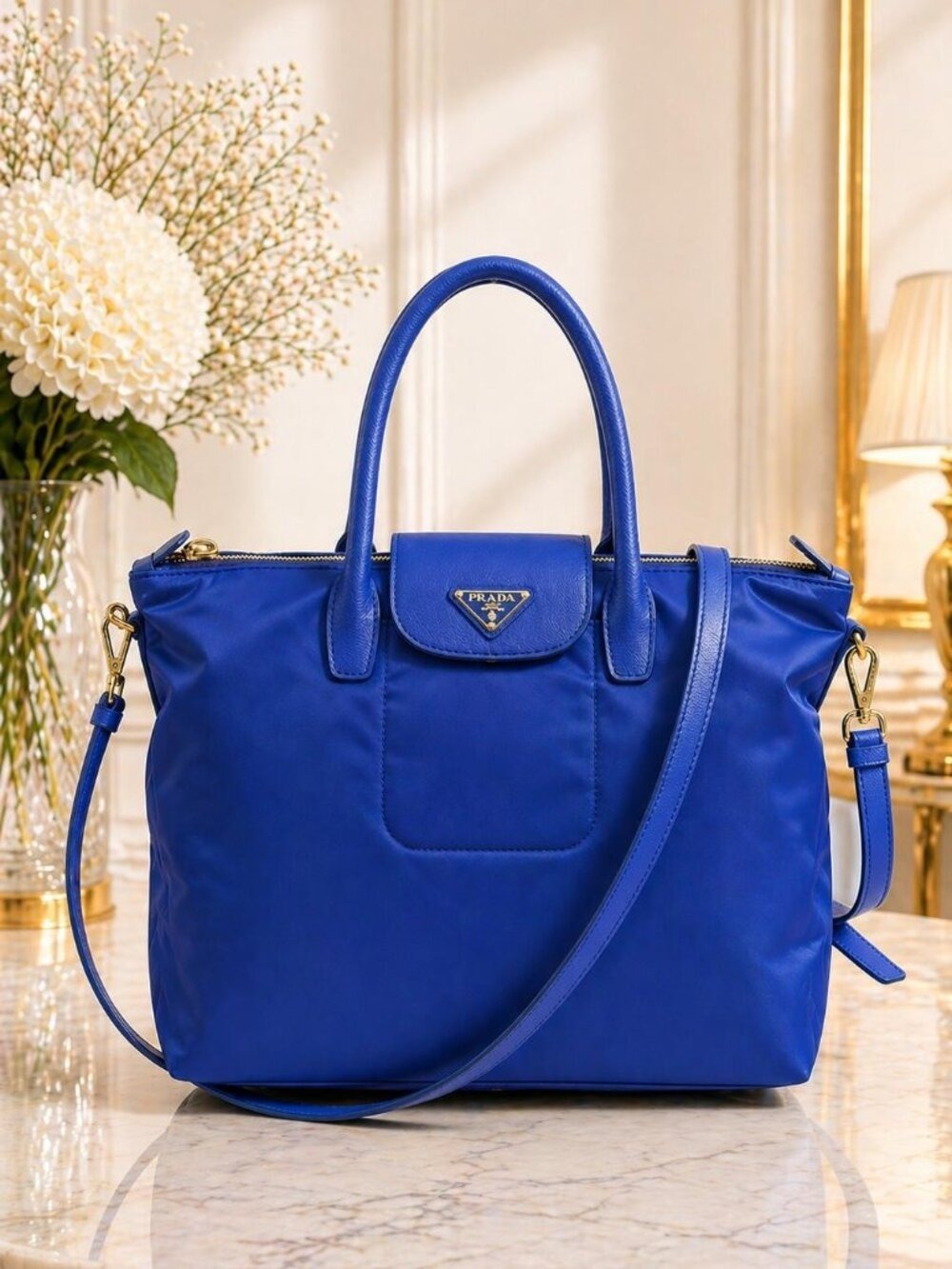 Authentic Prada Nylon Tote Bag Blue Tessuto Leather Trim Top Handle Crossbody